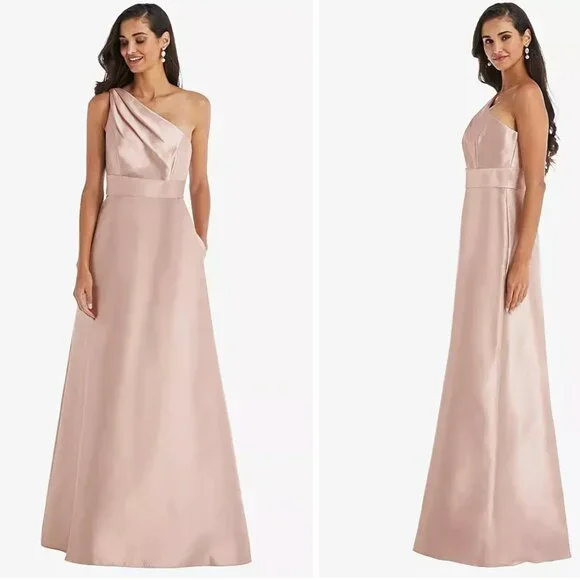 Alfred Sung Draped One-Shoulder Satin Maxi Dress Pockets Toasted Sugar 4 AS‎ IS - Picture 2 of 16